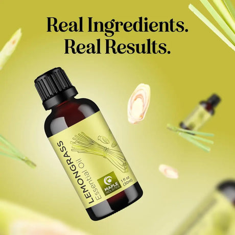 Brown glass bottle of 100% Pure Plant-Based Essential Oils with lemon-themed label