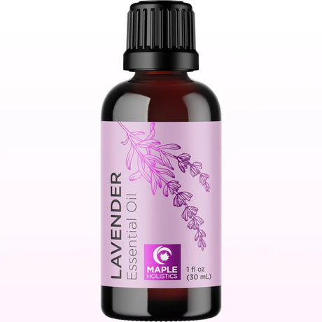 Brown glass bottle of lavender essential oil, featuring floral design for pure essential oils