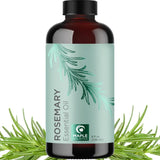 Dark amber glass bottle of Rosemary Essential Oil with mint green label, pure essential oils