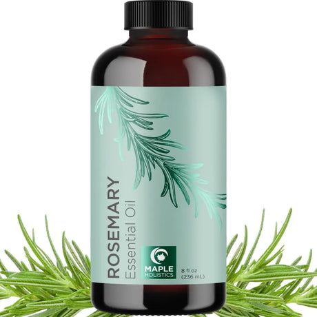 Dark amber glass bottle of Rosemary essential oil, pure essential oils for aromatherapy