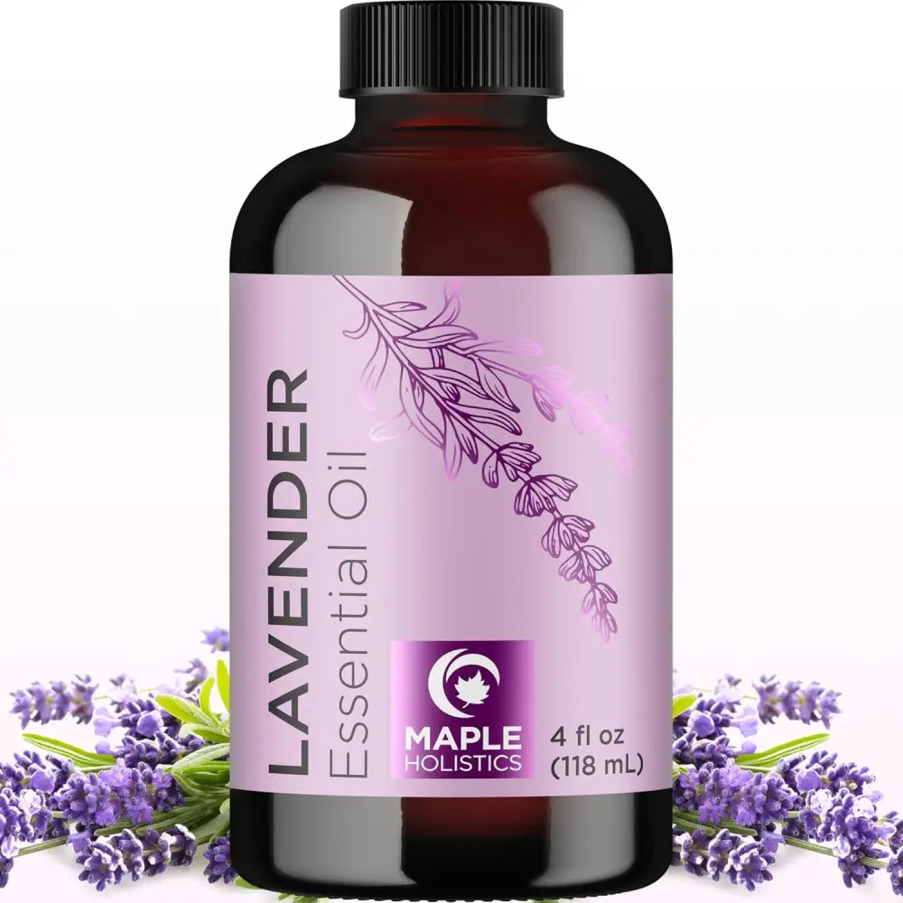 Brown glass bottle of Lavender Essential Oil with purple label showcasing pure essential oils