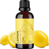 Dark amber bottle with lemon essential oil and fresh lemons, showcasing pure essential oils