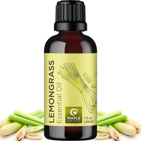 Dark amber glass bottle of Lemongrass essential oil, pure essential oils for aromatherapy