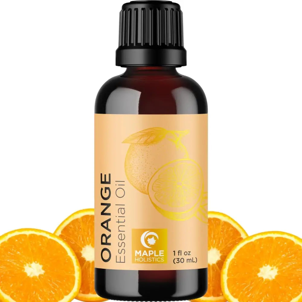 Brown glass bottle of Pure Essential Oils featuring orange plant extracts