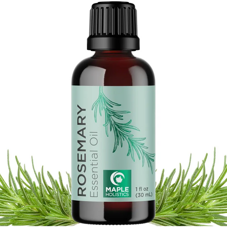 Brown glass bottle of Rosemary essential oil, pure essential oils for aromatherapy