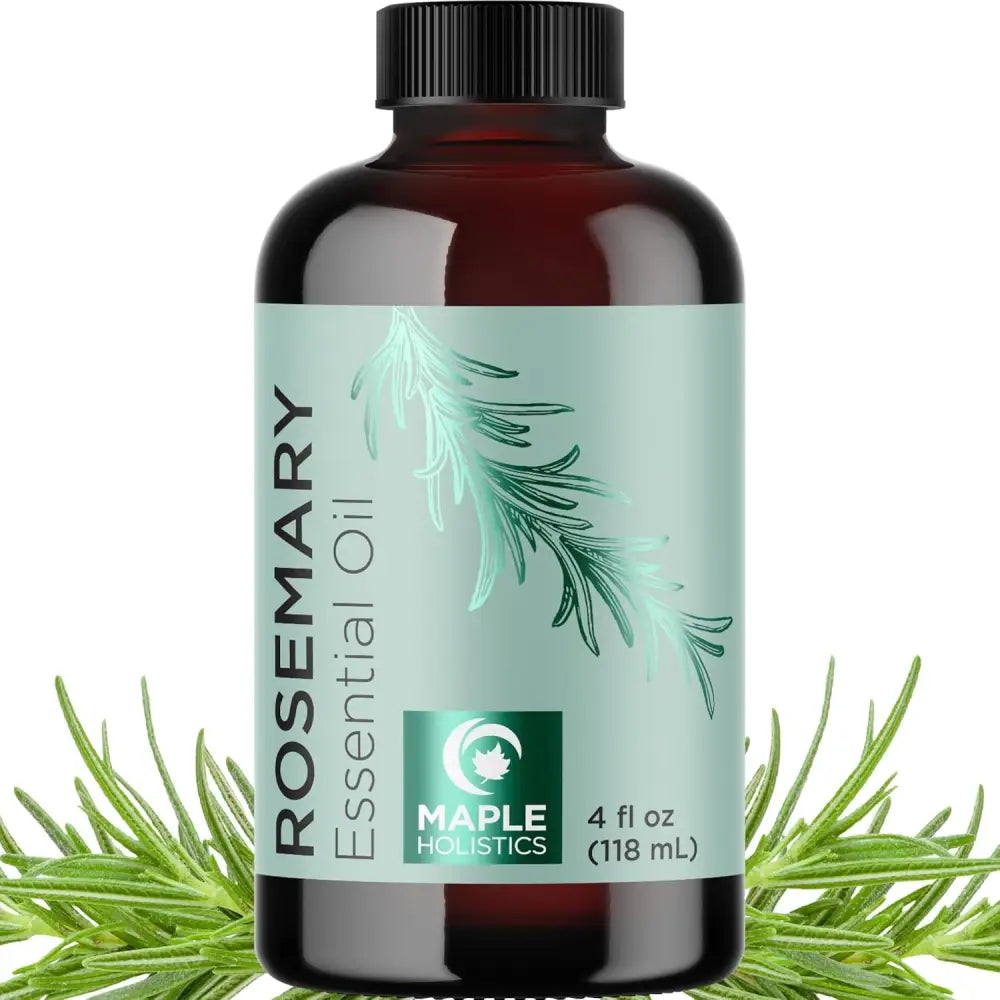 Brown glass bottle of rosemary essential oil with mint green label for pure essential oils