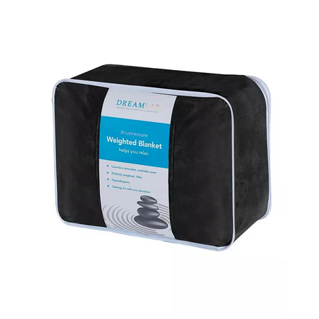 Black Plush Weighted Blanket in Retail Packaging with Blue and White Labeling