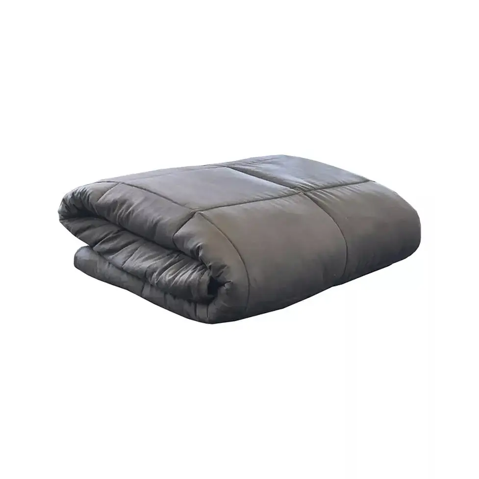 Dark gray plush weighted blanket with quilted sections for cozy comfort