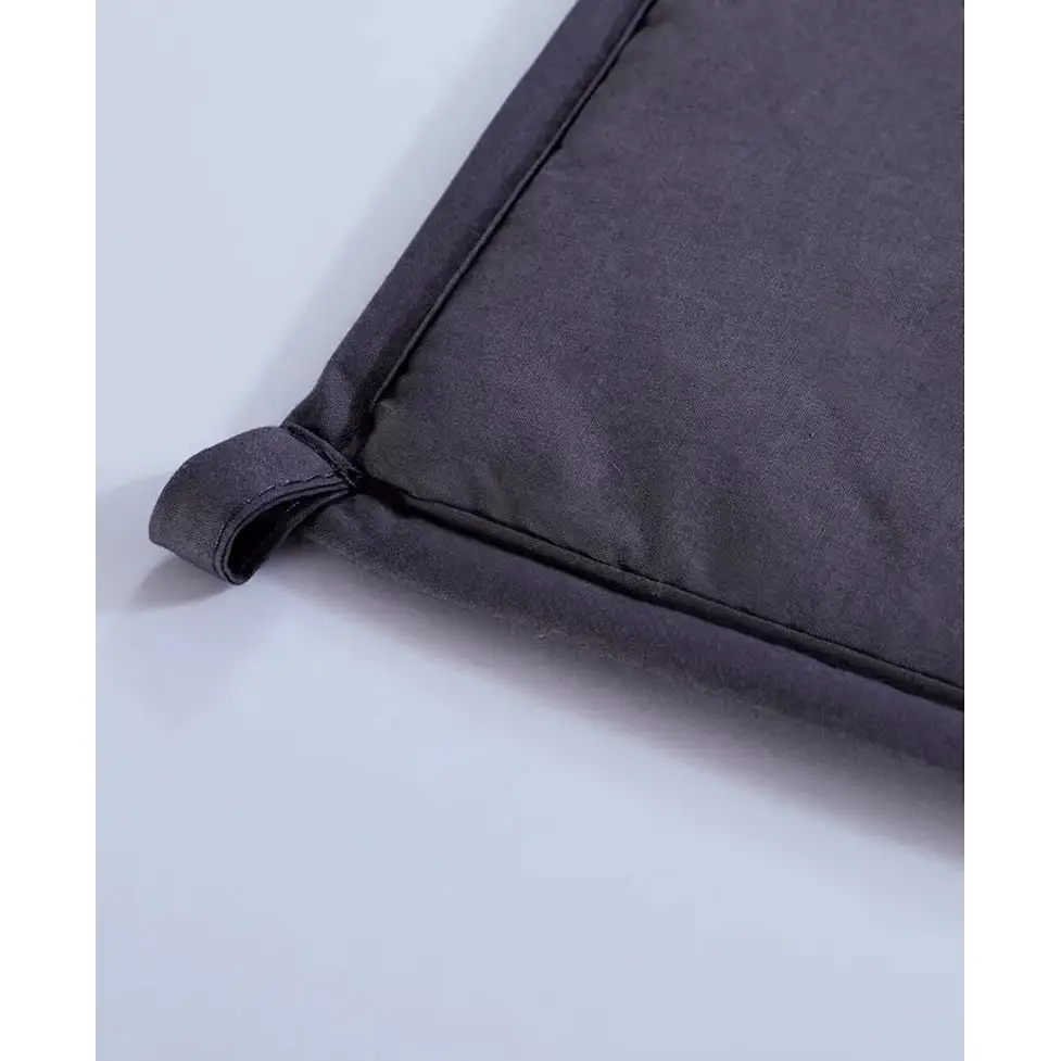 Black leather wallet corner with stitched edges next to a Plush Weighted Blanket Set