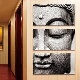 Three-panel split Buddha canvas wall art in black and white for living room decor