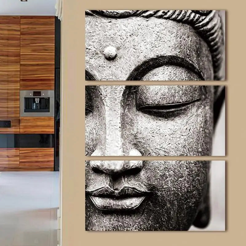 Three-panel black and white Buddha canvas wall art for serene living room decor