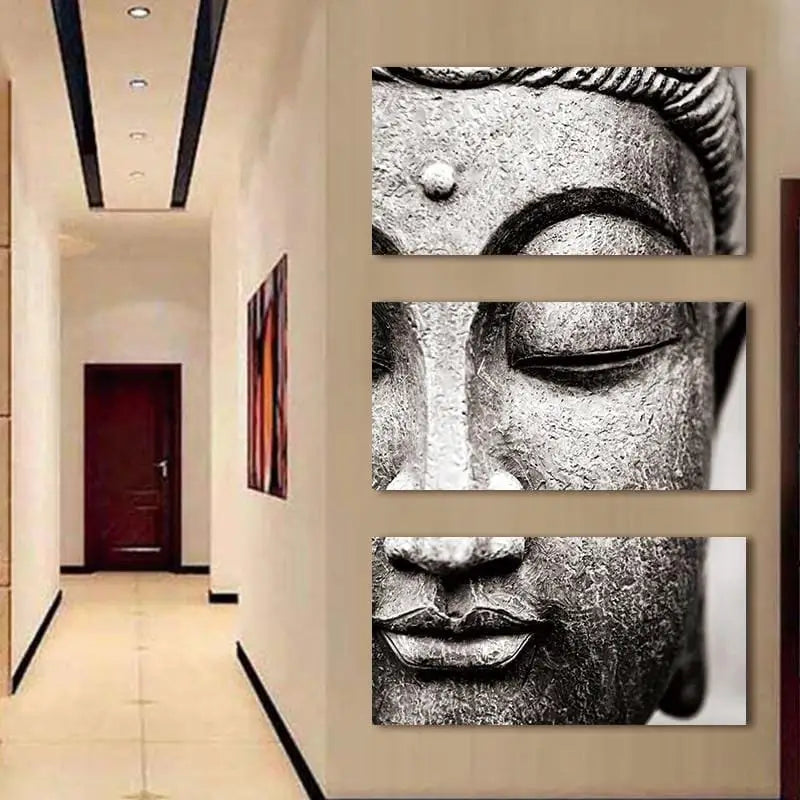 Serene Buddha face in black and white three-panel wall art for living room decor