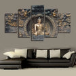 Five-panel canvas painting of a golden Buddha statue for living room decor