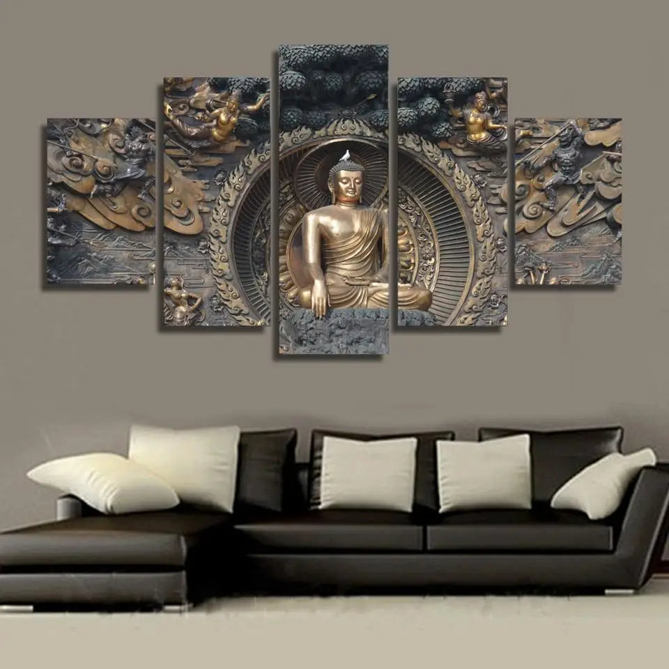 Five-panel canvas painting of a golden Buddha statue for living room decor