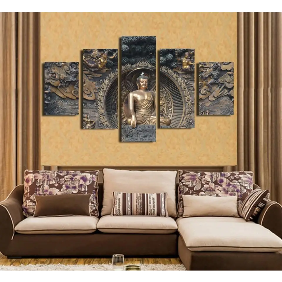 Five-panel canvas painting featuring a Buddha statue in metallic tones for living room decor