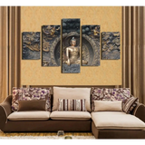 Five-panel canvas painting featuring a Buddha statue in metallic tones for living room decor