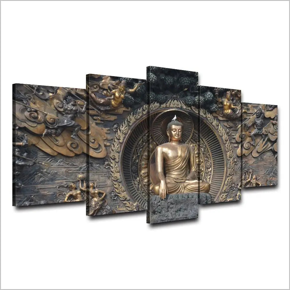 Five-panel canvas painting of a golden Buddha statue for elegant living room decor