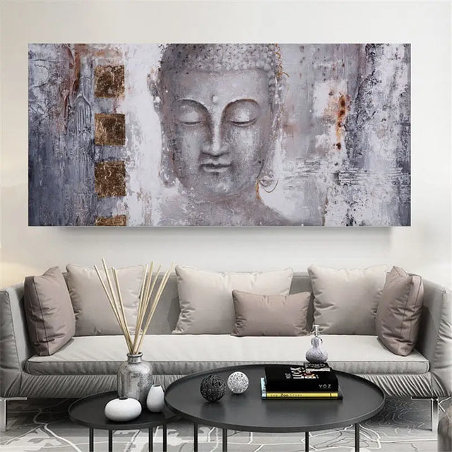 Buddha artwork in gray and metallic tones for Abstract Buddha Canvas Wall Art