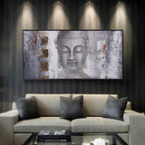 Monochromatic Buddha canvas wall art in textured silver and grey tones