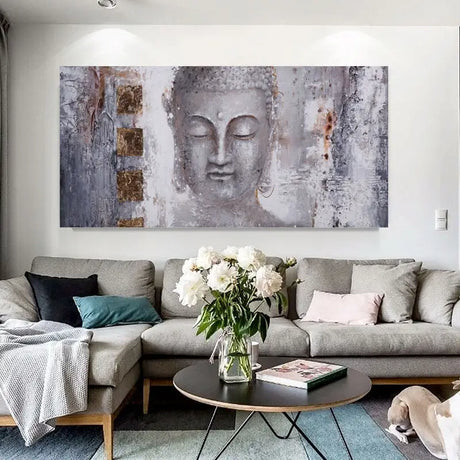 Grey and white Buddha artwork with abstract texture, perfect for canvas wall art