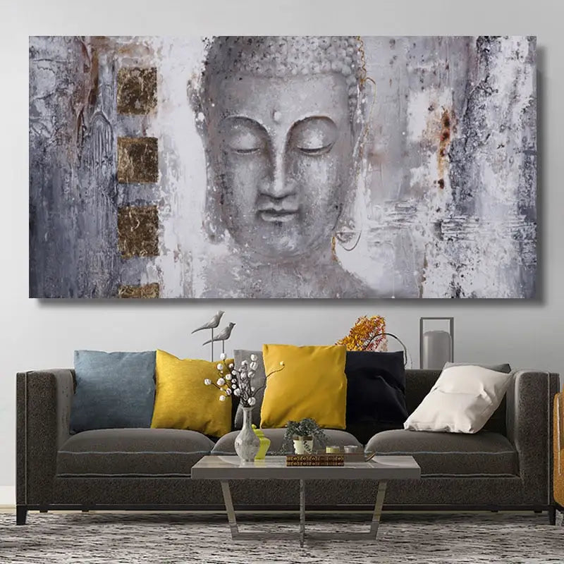 Serene Buddha head grayscale artwork in textured brushstrokes for canvas wall art