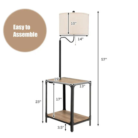 Side table with USB charging ports and adjustable black floor lamp with shelves