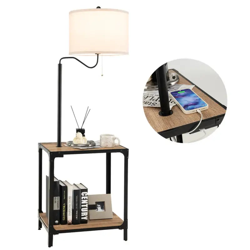 Elegant side table featuring an Adjustable Black Floor Lamp with USB charging ports