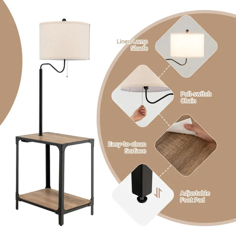 Side table with built-in lamp and wooden shelves in black metal frame for USB charging