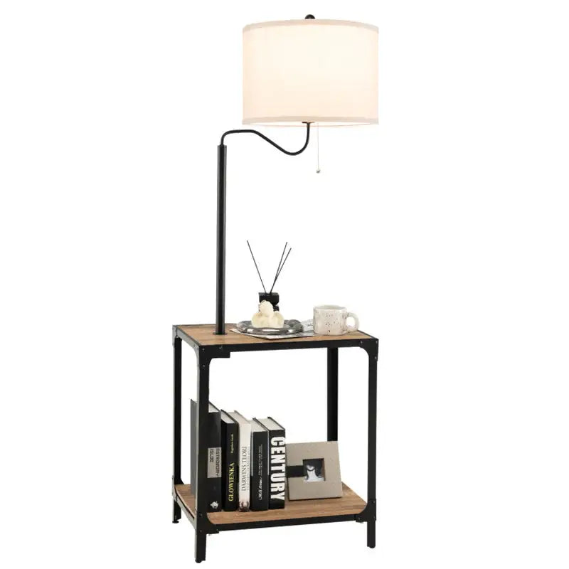 Side table with built-in floor lamp and USB charging ports, featuring wooden shelves