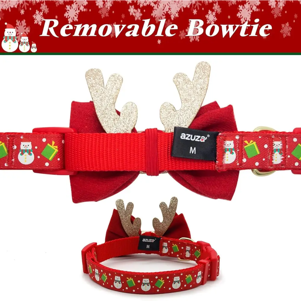 Adjustable Christmas Dog Collar for Medium Dogs with reindeer antlers and bow tie design