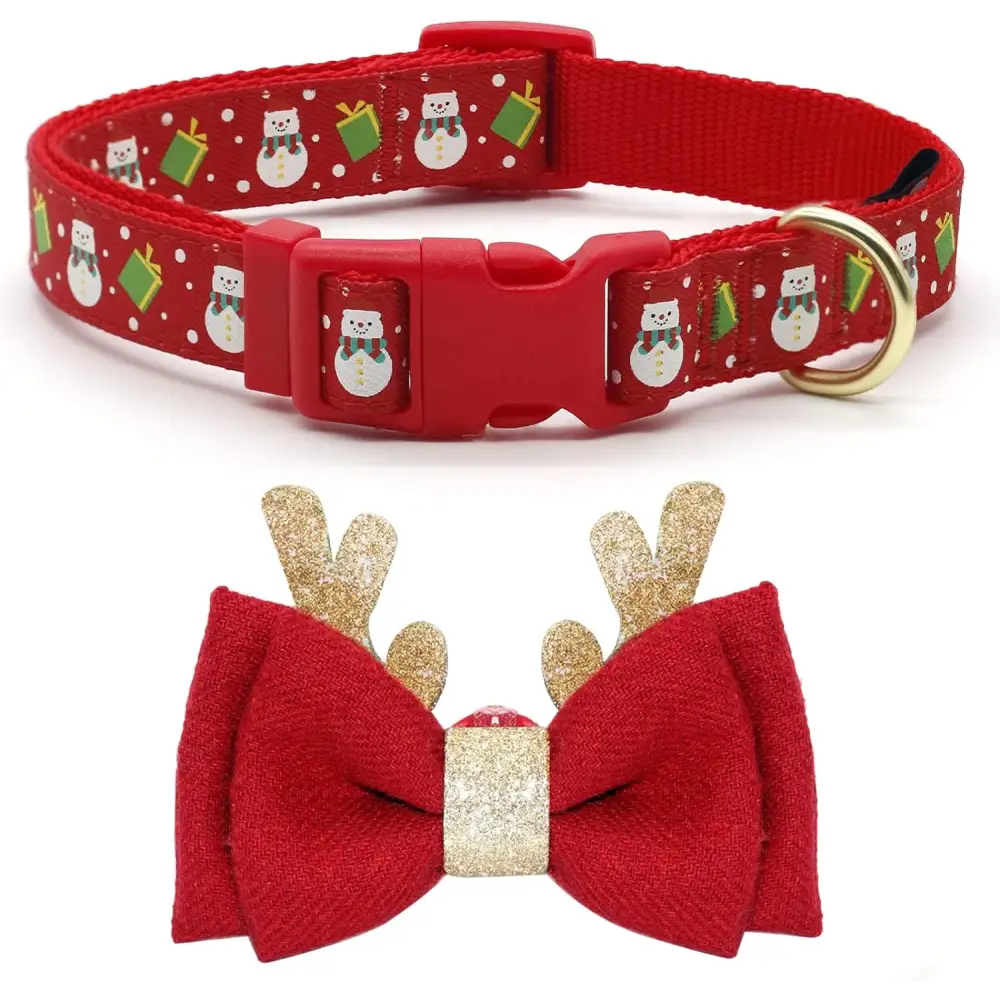 Adjustable Christmas Dog Collar for Medium Dogs with Snowmen Pattern and Reindeer Bow Tie