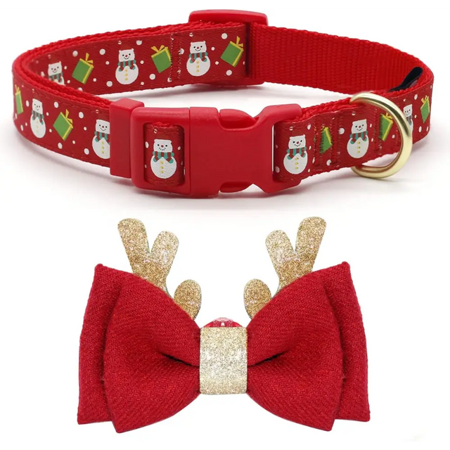 Adjustable Christmas Dog Collar for Medium Dogs with Snowmen Pattern and Reindeer Bow Tie