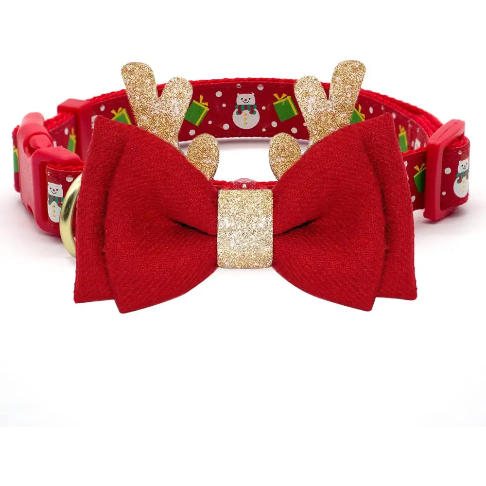 Red and gold Christmas dog collar with reindeer antlers and a bow for medium dogs