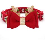 Red and gold Christmas dog collar with reindeer antlers and a bow for medium dogs