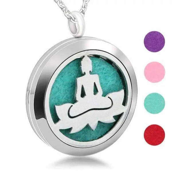 Silver Buddha pendant essential oil diffuser necklace on turquoise background