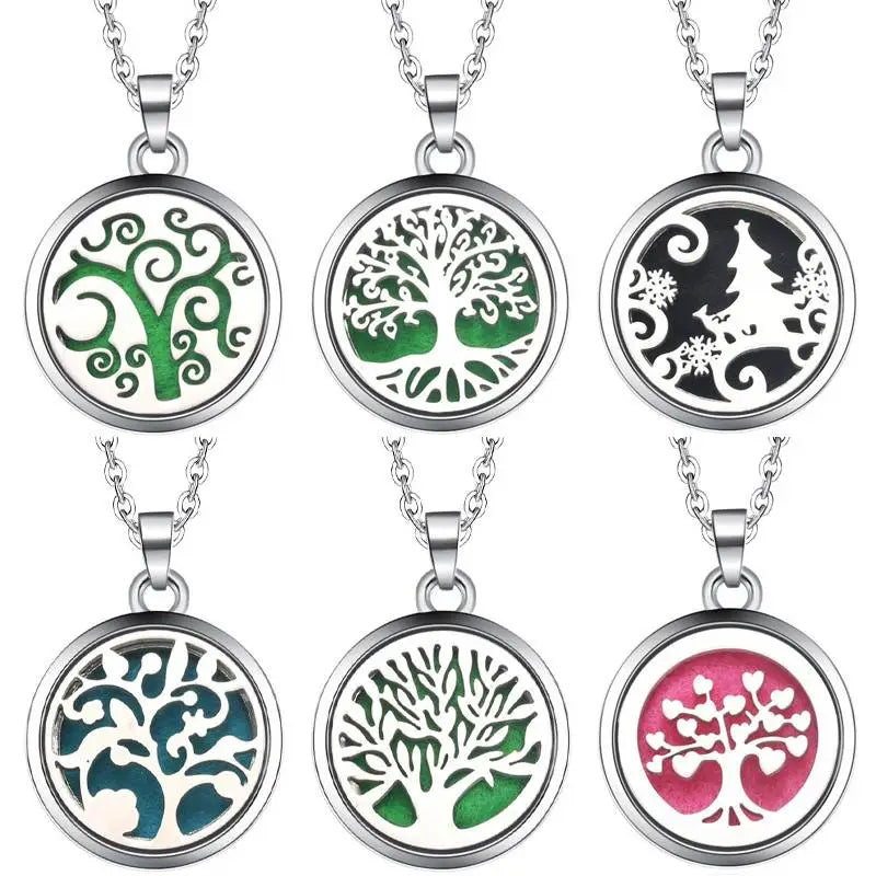 Six colorful Tree of Life necklace diffuser pendants for essential oil aromatherapy