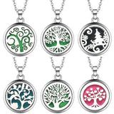 Six colorful Tree of Life necklace diffuser pendants for essential oil aromatherapy