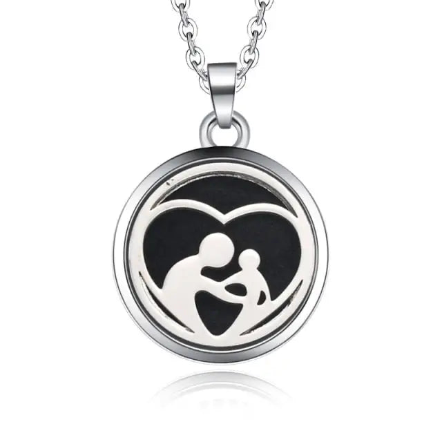 Silver necklace diffuser pendant with mother and child design for essential oil use