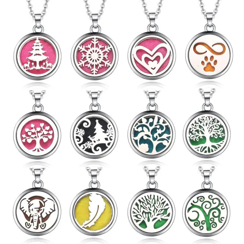 Collection of round necklace diffuser pendants featuring unique designs for essential oil use