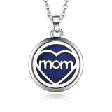 Silver necklace diffuser pendant with mom heart on dark blue background