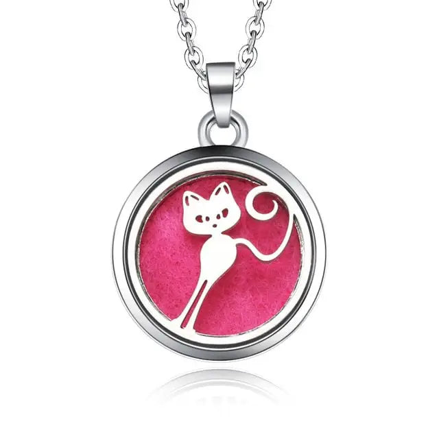 Silver necklace diffuser pendant with white cat silhouette on pink background