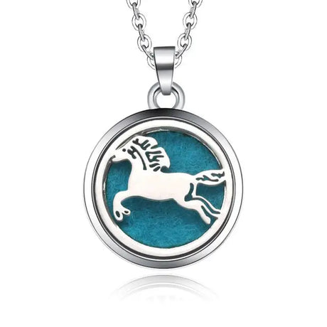 Silver necklace diffuser pendant featuring galloping horse silhouette on turquoise background