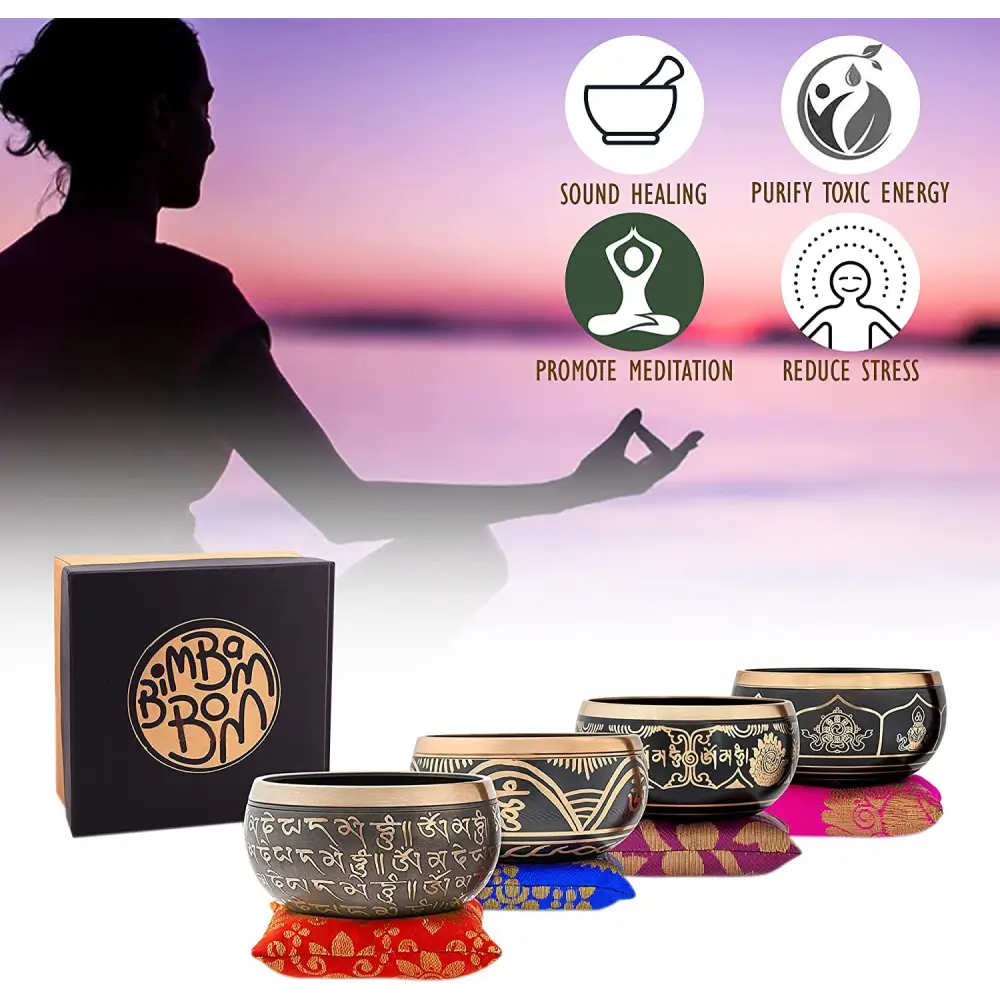 Authentic Tibetan Singing Bowl Set with Sanskrit Inscriptions and decorative cushions