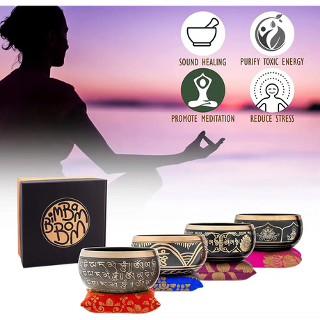 Authentic Tibetan Singing Bowl Set with Sanskrit Inscriptions and decorative cushions