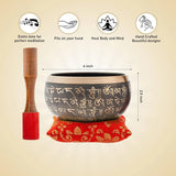 Authentic Tibetan Singing Bowl with Sanskrit inscriptions on red cushion and striker