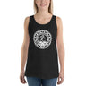 Black tank top with white Lotus Om Mandala design, part of Bella Unisex collection