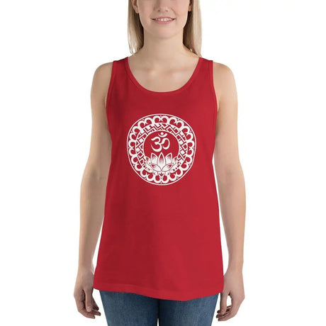 Red sleeveless Bella Unisex Lotus Om Mandala Tank Top with white circular design