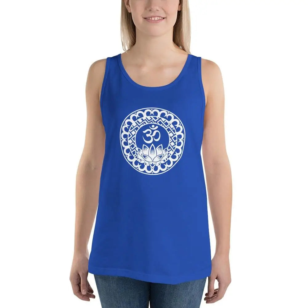 Royal blue Bella Unisex Lotus Om Mandala Tank Top with white circular design