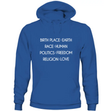 Royal blue unisex Humanity sweatshirt with white text: Birth Place Earth, Race Human, Politics Freedom