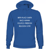 Royal blue unisex Humanity sweatshirt with white text: Birth Place Earth, Race Human, Politics Freedom